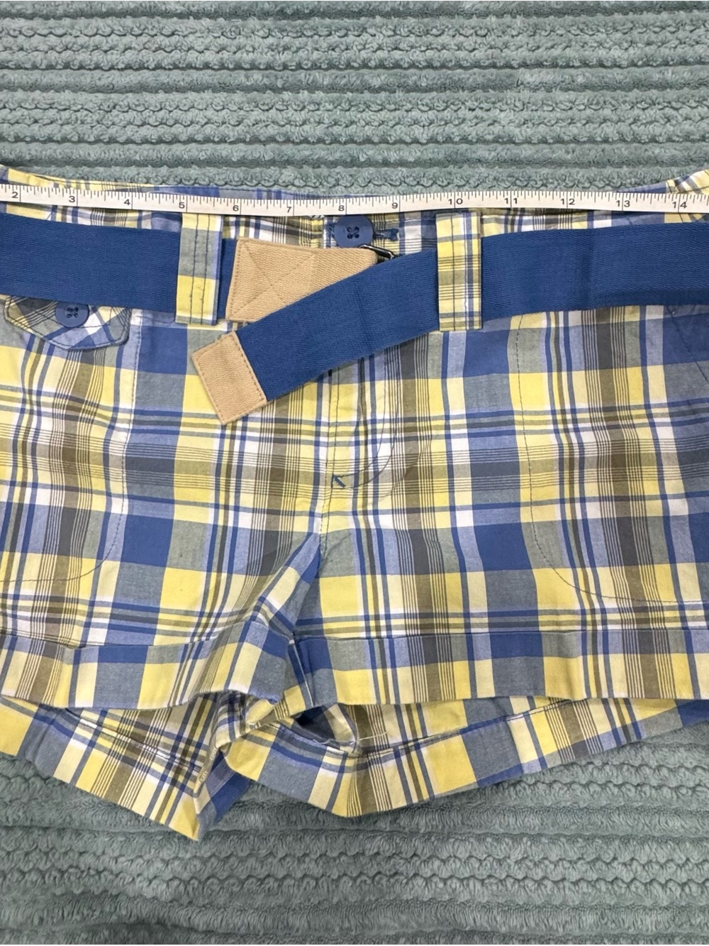 Piper Blue & Yellow Plaid Women’s Shorts with Blue Web Belt